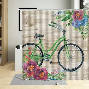 Деревянная винтажная велосипедная занавеска для душа с цветами, Водонепроницаемый декор для ванной комнаты, шторы из полиэстеровой ткани с 12 крючками