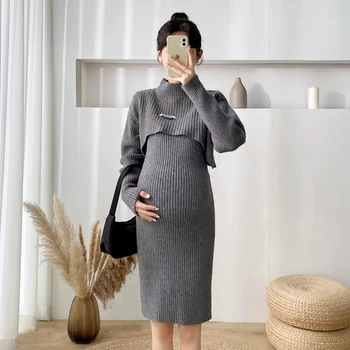 6199 # Комплекты из двух предметов 2024 Осень-зима, вязаные свитера для беременных, чехлы, платье-слинг, одежда для беременных женщин, беременность