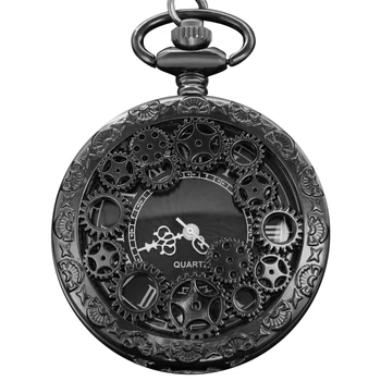Черные высококачественные стальные кварцевые карманные часы с рельефной выпуклостью и винтажной подвеской на цепочке для мужчин и женщин, аксессуары
