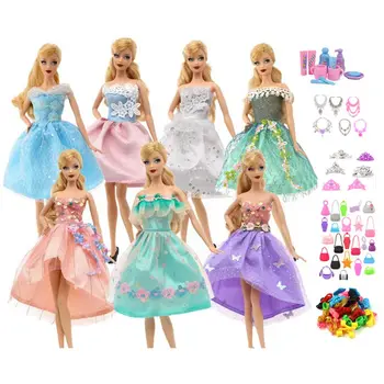 Kawaii 51 шт./лот, Детские Игрушки = 7 Модных Платьев + 10 Туфель + 10 Мини-сумочек + 24 Аксессуары Для Кукол Для Детской Игры Barbie DIY