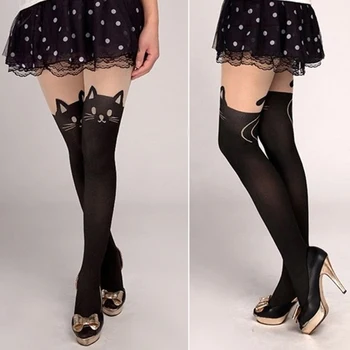 Женские сексуальные Милые черные носки с татуировками, прозрачные колготки с мультяшным котом, Чулки