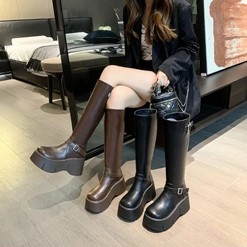 Сапоги Женские, новинка 2023 года, обувь на плоском каблуке, зимняя обувь, круглый носок, высокий каблук выше колена в стиле 
