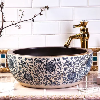 Китайский бело-голубой антикварный таз, керамический умывальник, раковина для ванной комнаты, раковина для посуды с ручной росписью, раковины для ванной комнаты
