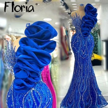2023 Синие Длинные Блестящие Вечерние платья Русалки Со Стразами Для официальных мероприятий, женские платья с оборками на плечах, свадебные платья для вечеринок