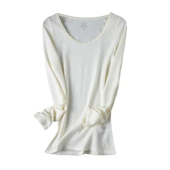 Осенне-зимняя двусторонняя жаккардовая футболка из чистой шерсти, женский кружевной воротник, выдалбливают Мягкие теплые тонкие топы с длинным рукавом