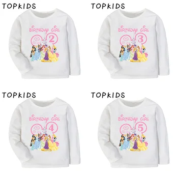Детская футболка с изображением принцессы Диснея для именинниц возрастом 1 2 3 4 5 6 7 8 9 лет, праздничная одежда для девочек, детские футболки с длинными рукавами