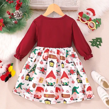 Рождественское платье для девочек, винтажное мини-платье с принтом Санта-Клауса, круглый вырез, длинный рукав, Элегантное вечернее платье с бантом