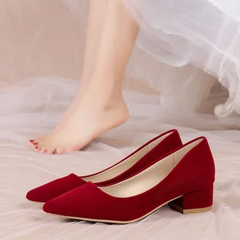 Большие размеры 34-42, женские замшевые туфли на высоком каблуке 3 см, женская модельная рабочая обувь, туфли-лодочки без застежки, женские свадебные туфли на квадратном каблуке