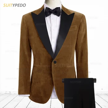 Модный бархатный мужской костюм, приталенный, сшитый на заказ, Классические официальные наряды, Свадебный деловой смокинг, блейзер на одной пуговице, брюки, 2 предмета в комплекте