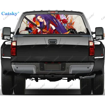 Наклейка на окно автомобиля с изображением девушки-самурая из аниме, Графическая декоративная наклейка на грузовик из ПВХ, перфорированная виниловая универсальная наклейка