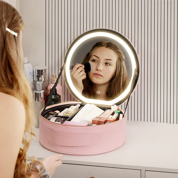 Круглая женская косметичка со светодиодным зеркалом, вместительная сумка-органайзер для макияжа, водонепроницаемый ящик для хранения, портативная косметичка