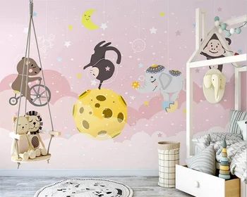 beibehang Пользовательские современные скандинавские обои ручной росписи розового космического животного-астронавта для детской комнаты из папье-маше