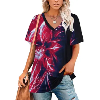 Новый летний женский топ с коротким рукавом, футболка с блестящим цветочным принтом, V-образный вырез, женский повседневный топ