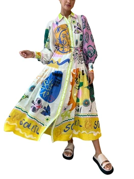 Женское весеннее повседневное длинное платье с граффити и фруктовым принтом, отложной воротник, платье с длинным рукавом, праздничное платье больших размеров с завязывающимся поясом