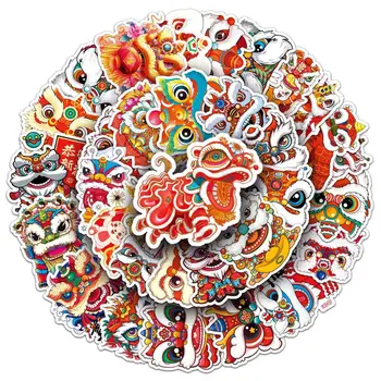 Мультяшные наклейки с танцем льва, китайские новогодние наклейки, тенденция традиционной культуры Китая, 50 штук наклеек с танцем льва для ноутбука