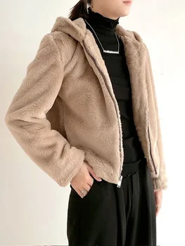 Куртка с капюшоном для женщин 2023, новинка зимы-осени, Модное теплое повседневное пальто на молнии из искусственного меха, свободное модное пальто в повседневном стиле