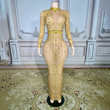 Женское сексуальное золотое платье с длинным рукавом и наполовину высокой шеей из сетки со стразами, перспективное сценическое платье для костюмированной вечеринки