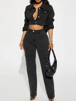 RDMQ 2024 Модный джинсовый женский комплект Рубашка на пуговицах спереди Куртка и джинсовые брюки с карманами-карго, два комплекта одежды из 2 предметов, спортивный костюм