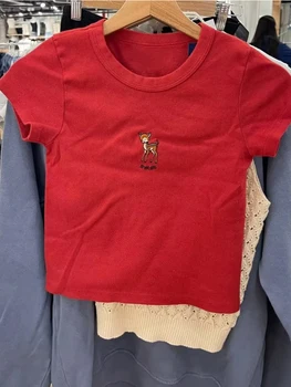 Повседневные женские футболки из мягкого хлопка с вышивкой красного оленя 2023, Летние модные Женские топы с круглым вырезом, повседневные Женские топы с короткими рукавами, облегающие топы
