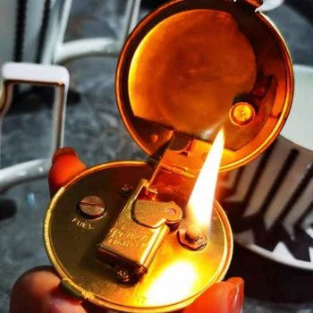 Американская Компактная круглая антикварная зажигалка с полуавтоматическим зажиганием 1935 года, креативная Латунная Керосиновая зажигалка ручной работы, коллекция поделок