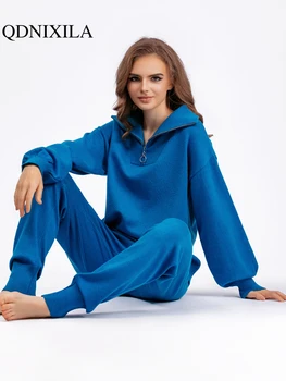Комплекты брюк, свитер с воротником Поло, осенне-зимняя одежда 2023, свободный модный повседневный вязаный комплект из двух предметов с длинными рукавами для женщин