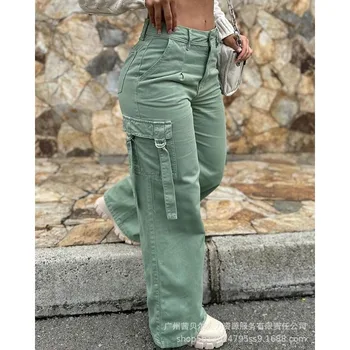 Wepbel 2023, модный комбинезон, Женские брюки, Армейский зеленый Повседневный комбинезон с накладным карманом, Прямые брюки, Однотонные брюки-карго