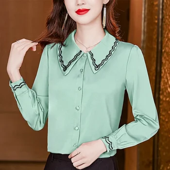 Новая мода Атласная вышитая женская блузка Офисная Леди Элегантные Длинные женские рубашки С длинным рукавом и пуговицами Женская одежда 24681