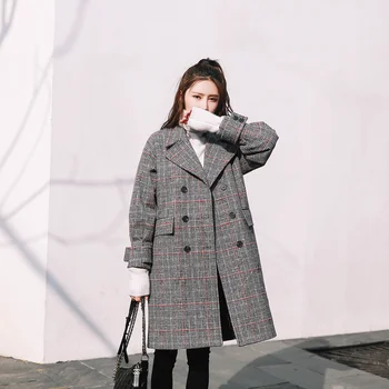 Женская верхняя одежда с клетчатым карманом, Свободное шерстяное пальто с длинным рукавом 2022, Теплое зимнее хлопковое Длинное повседневное пальто, Осеннее женское пальто, женское