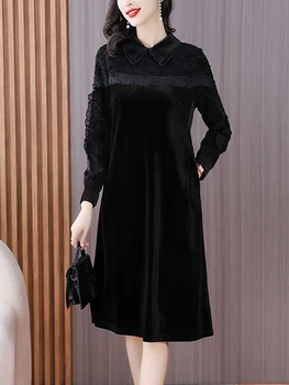 Элегантные женские платья для вечеринки Party 2023 Черное бархатное Жаккардовое шикарное платье с оборками Осень-зима Корейские винтажные длинные платья