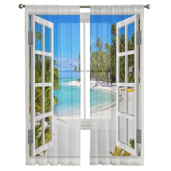 Окно с видом на пляж и море Прозрачные шторы для гостиной Спальни кухни Шифоновые тюлевые шторы для украшения дома, отеля, кафе