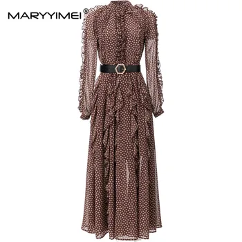 MARYYIMEI Осеннее модное дизайнерское элегантное платье Женское с круглым воротом и длинными рукавами, с поясом, с мелким цветочным принтом, плиссированное тонкое платье