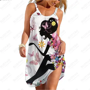 Платье Сексуальное женское Летнее Новое платье свободного кроя с 3D принтом 2023, женское пляжное платье с открытой спиной, без рукавов, Богемная мода, дышащее, 5XL