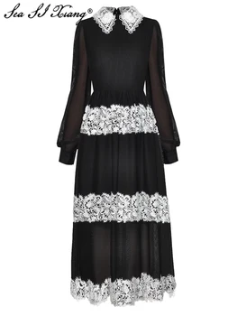 Seasixiang, модное дизайнерское осеннее платье, женские аппликации из кристаллов, отложной воротник, рукав-фонарь, винтажные вечерние длинные платья