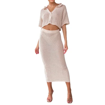 Женская стильная одежда Sumemr из двух предметов, трикотажные топы с короткими рукавами на пуговицах и длинная юбка