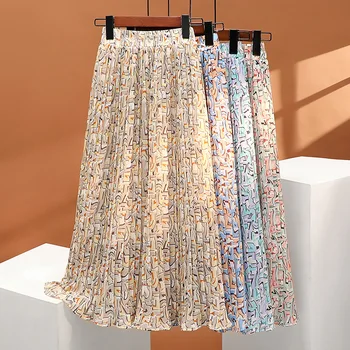 2023 Новая женская шифоновая плиссированная юбка с цветочным принтом, Элегантная сказочная длинная юбка трапециевидной формы с высокой талией на весну-лето SR1279