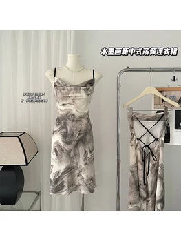 Женское вечернее платье без рукавов с открытыми плечами и принтом, винтажное вечернее клубное платье для вечеринок 90-х, Harajuku Y2k, Цельные платья, одежда 2023