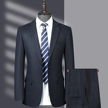 Высококачественная мужская мода (блейзер + брюки) в деловом итальянском стиле, джентльмен в полоску, британский стиль, повседневный свадебный комплект из 2 предметов