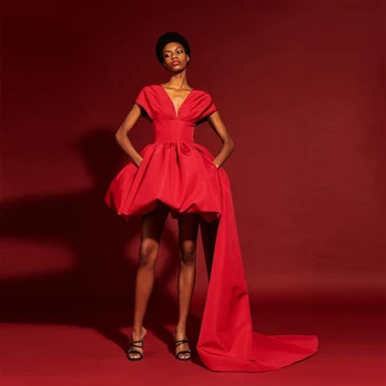 Красные модные Элегантные короткие платья для выпускного вечера, корсет с V-образным вырезом, атласное бальное платье с длинным шлейфом, женские вечерние платья на заказ