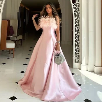 Женские вечерние платья Розовые атласные платья для выпускного вечера без рукавов с перьями, вечерние платья в пол, vestidos de novia