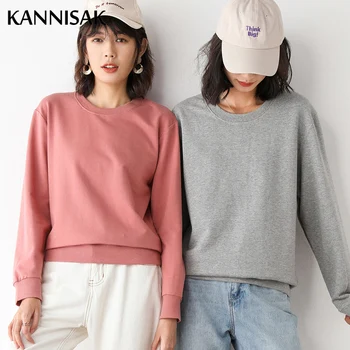Женские свитшоты с круглым вырезом, Корейская верхняя одежда из 100% хлопка, весна-осень, повседневная толстовка, однотонные Розовые Женские пуловеры, топы в стиле харадзюку