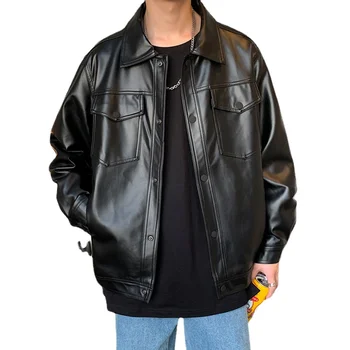 Мужская модная кожаная куртка со свободным воротником-стойкой, куртка из искусственной кожи, мужская защита от ветра, мотоциклетные куртки на молнии с диагональю, мужская одежда
