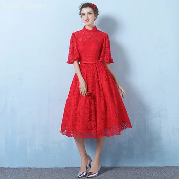 O135 Элегантное кружевное платье для выпускного вечера Princess Banquet Средней длины, белое с коротким рукавом, темно-синие, черные, красные платья для свадебных вечеринок