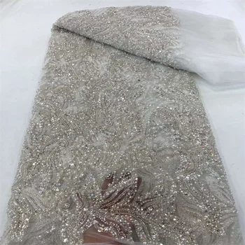 Африканская тюлевая кружевная ткань 2023 года, высококачественная Белая Нигерийская Французская кружевная ткань с пайетками, расшитая бисером Для вечернего платья Sew WS4001