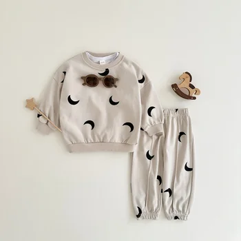 Комплекты одежды для маленьких мальчиков и девочек с рисунком Луны, детский костюм, хлопковый свитер с длинными рукавами, костюмы, одежда Осень-весна