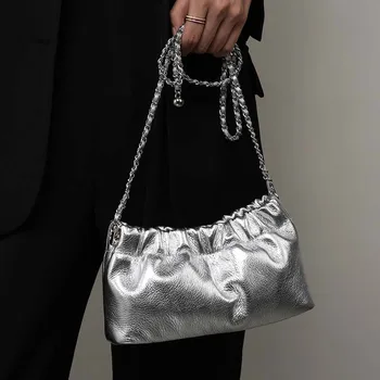 Женская сумка через плечо из воловьей кожи под мышками, высококачественная серебряная цепочка с шариками, сумки cloud fold из натуральной кожи, сумка-мессенджер на плечо 2023 г.