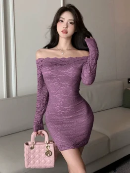 Милое мини-платье в сеточку, сексуальная пикантная девушка, кружевное прозрачное платье на одно плечо, Элегантные Офисные Женские Корейские осенние топы
