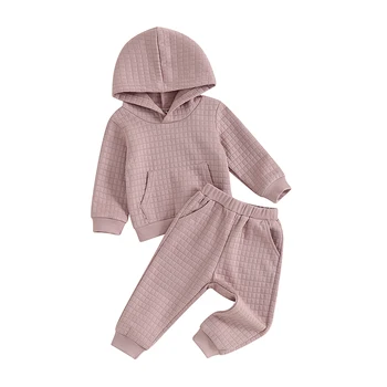 Осенняя одежда для маленьких девочек из 2 предметов, Однотонный комплект из стеганой толстовки с капюшоном и брюк, Детская одежда