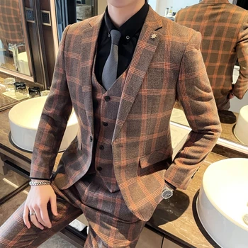 Высококачественная клетчатая ткань (костюм + Жилет + брюки) Новый мужской деловой красивый корейский вариант трендового облегающего повседневного модного костюма
