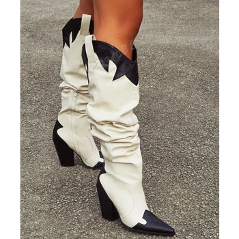 Черно-белые сапоги до колена из матовой кожи, женская обувь на молнии с острым носком на массивном каблуке 2023, модные, пикантные Zapatos Para Mujere