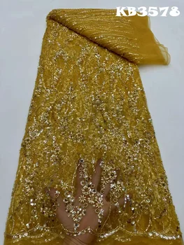 Кружевная ткань Crystal Pearl 3d Flower Высококачественная Кружевная ткань для Нигерийских вечеринок 2023 Роскошная Африканская ткань 5 Ярдов кружевных тканей из бисера